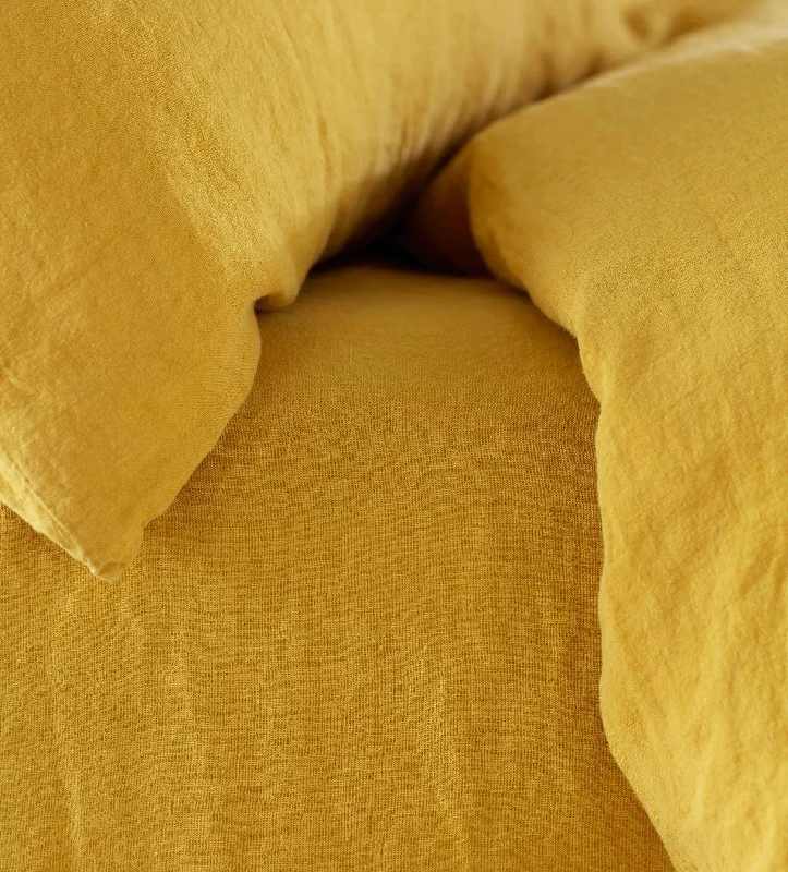 Queen - Size Sheet Sets with a European Pillowcase SetMustard Yellow 100% Linen Fitted Sheet