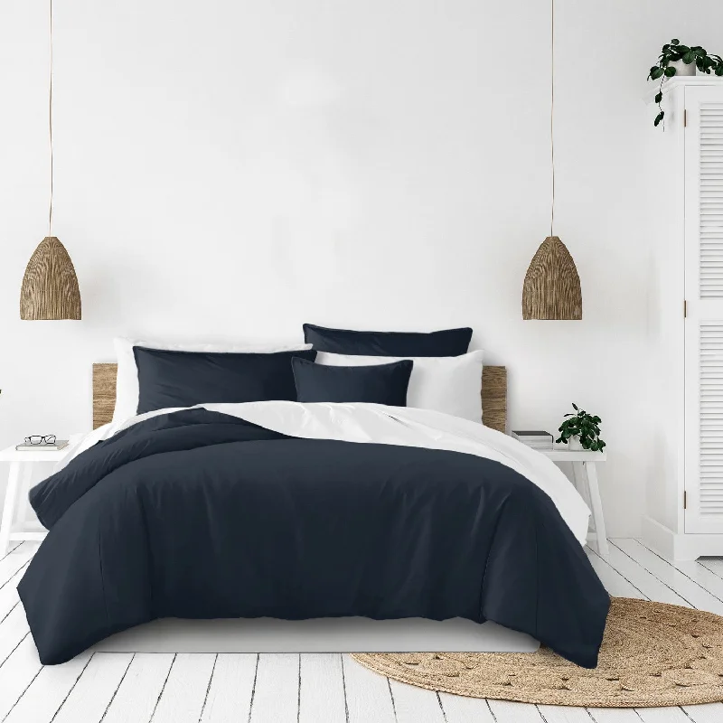 Oversized duvet covers that drape beautifully over the sides of the bed for a luxurious lookBraxton Navy Bedding